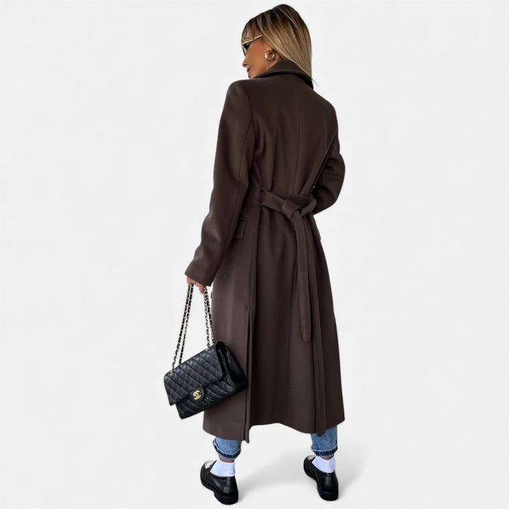 Professional women's mid-length overcoat, featuring a classic lapel and adjustable belt.