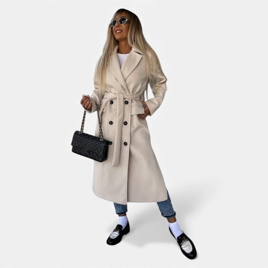 Sophisticated ladies' mid-length overcoat with belt & lapel, perfect for formal or casual wear.