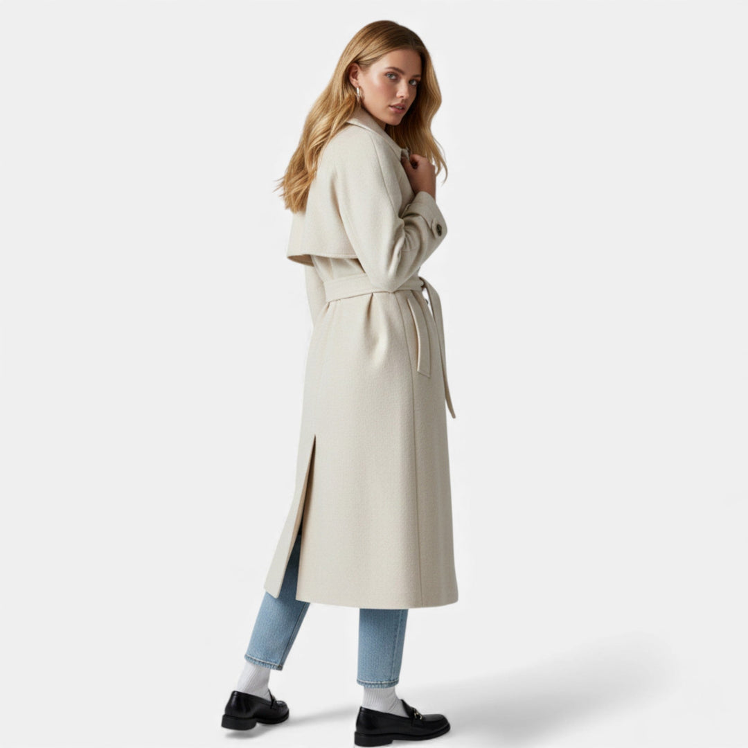 Stylish women's belted overcoat. Classic lapel design, ideal elegant outerwear for winter & fall.