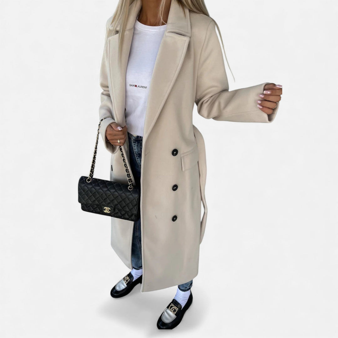Classic women's belted trench coat style overcoat. Mid-length lapel design for winter & fall.