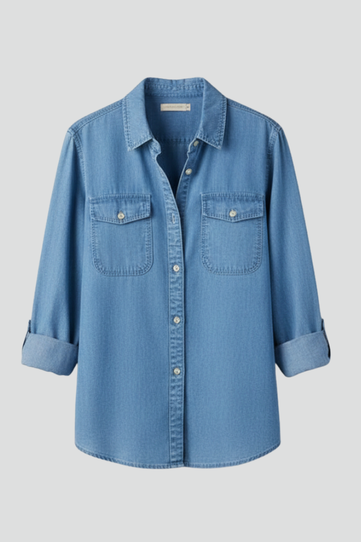 Women's classic blue button-front long sleeve shirt, perfect for casual everyday wear & versatile layering.