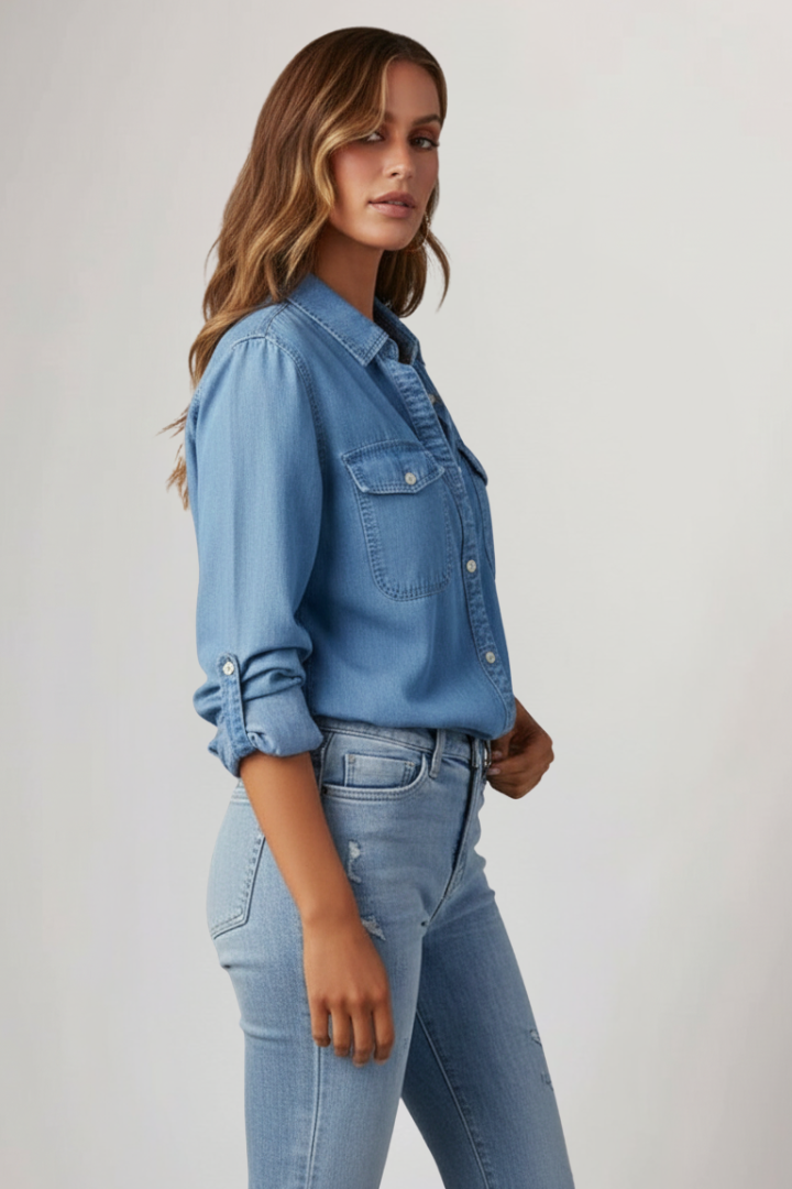 Versatile women's blue button-front long sleeve shirt. Ideal casual top for layering or everyday wear in classic style.