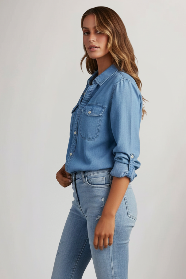 Everyday women's blue long sleeve button-front shirt with a relaxed fit. Comfortable casual top for versatile styling.