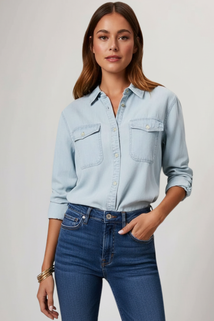 Stylish women's blue button-front long sleeve shirt, a classic, relaxed fit top for casual spring & summer fashion.