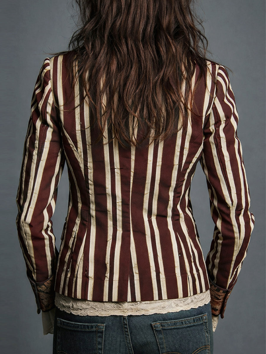 Tailored fit women's striped blazer, offering a chic Bohemian & retro vintage fashion vibe.