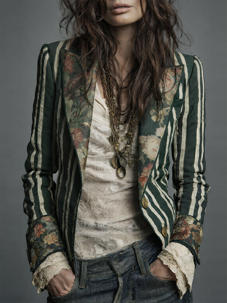 Women's retro striped blazer, a versatile layering piece for bohemian and casual chic outfits.