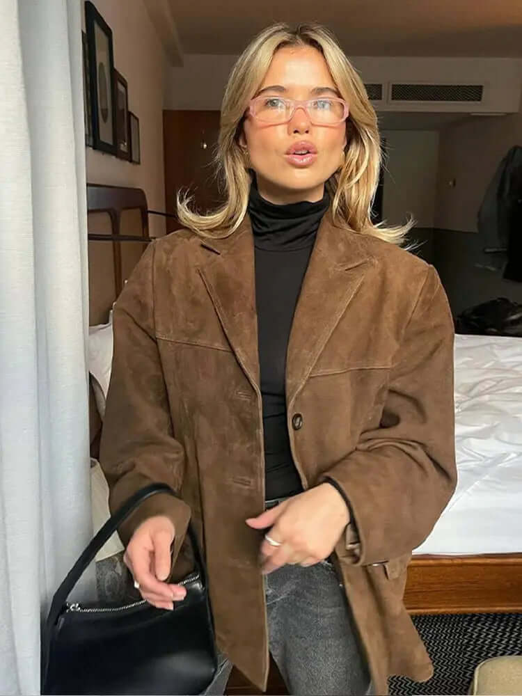 Women's classic brown jacket, perfect for effortless everyday style. Timeless and versatile outerwear for ladies.