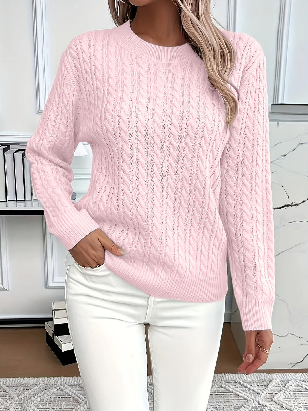 Ladies' long sleeve cable knit pullover, a warm and stylish everyday sweater for classic winter fashion.