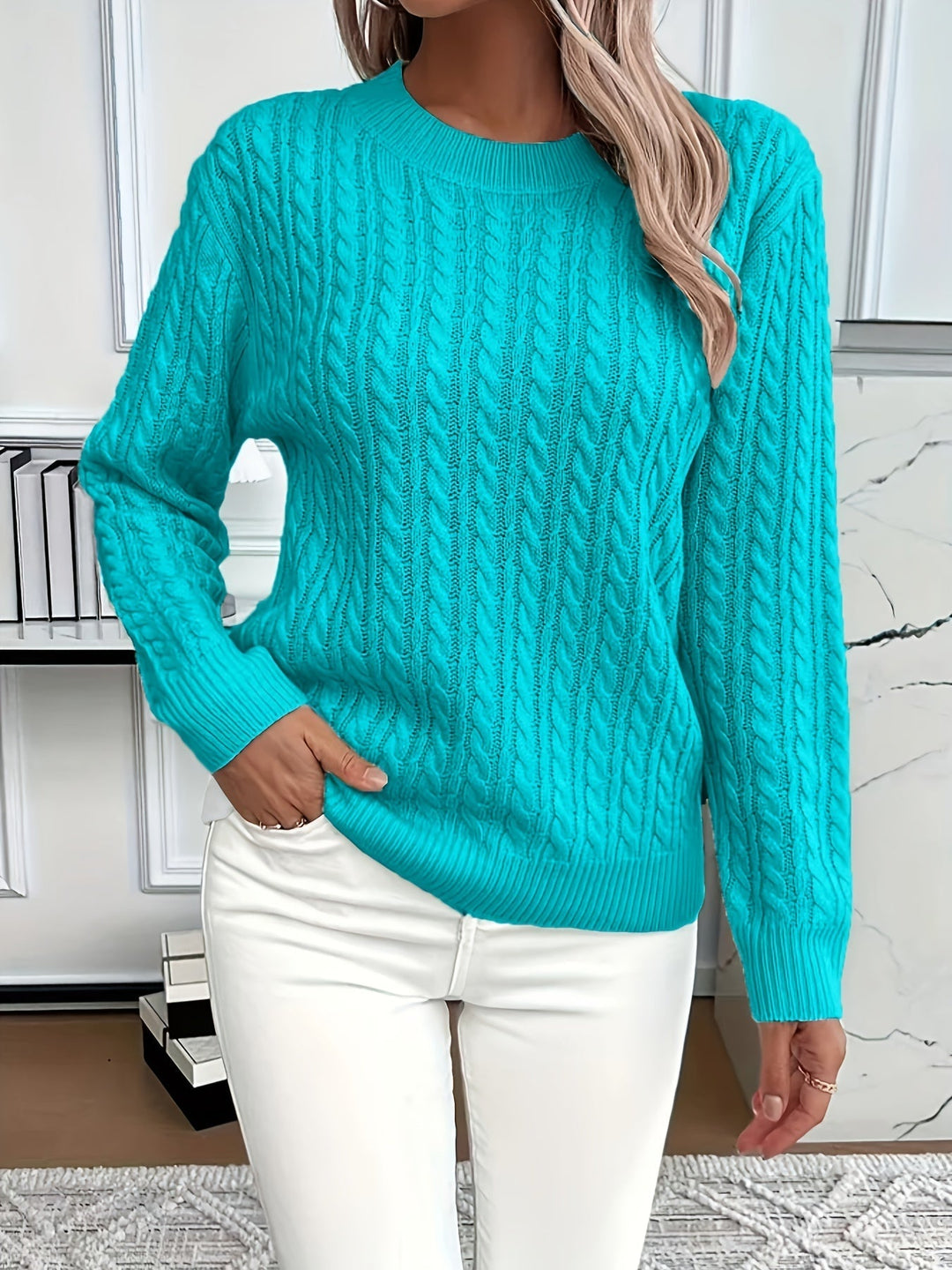 Elegant women's classic cable knit jumper. A timeless, warm, and cozy knitted sweater for ladies.