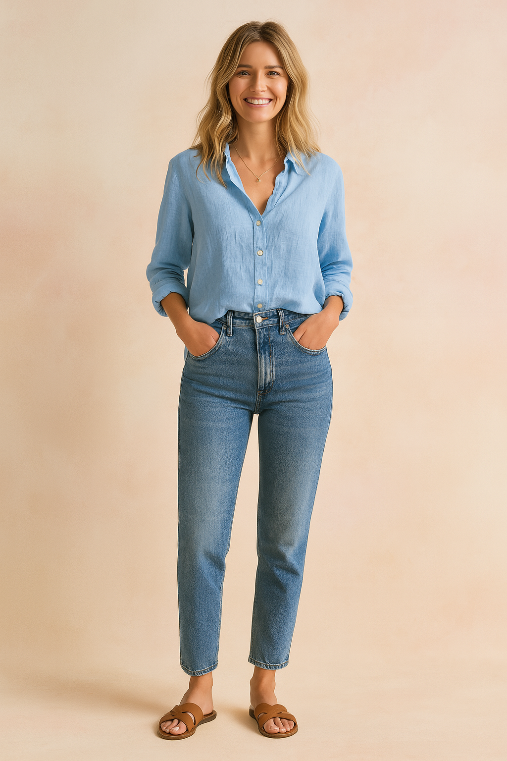 Classic women's button-up blouse, long sleeve casual top for everyday wear.