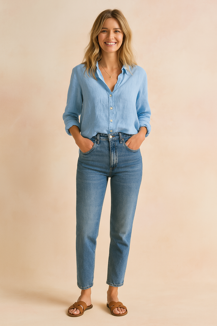 Classic women's button-up blouse, long sleeve casual top for everyday wear.
