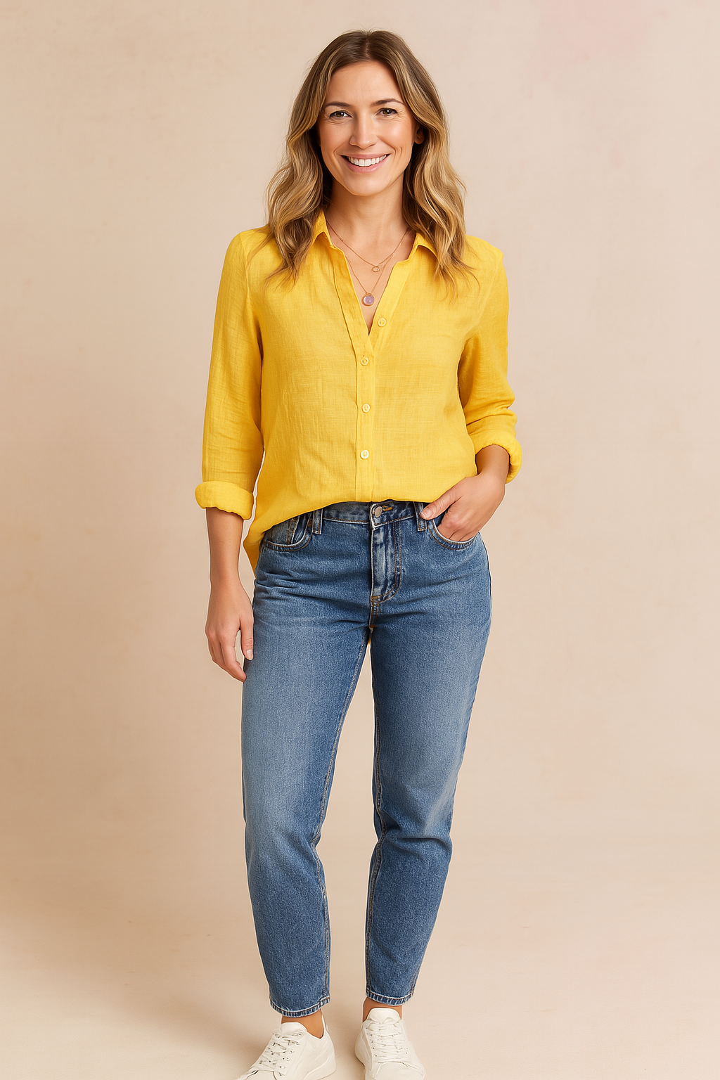 Stylish women's long sleeve button-up top, a classic casual blouse for daily fashion.