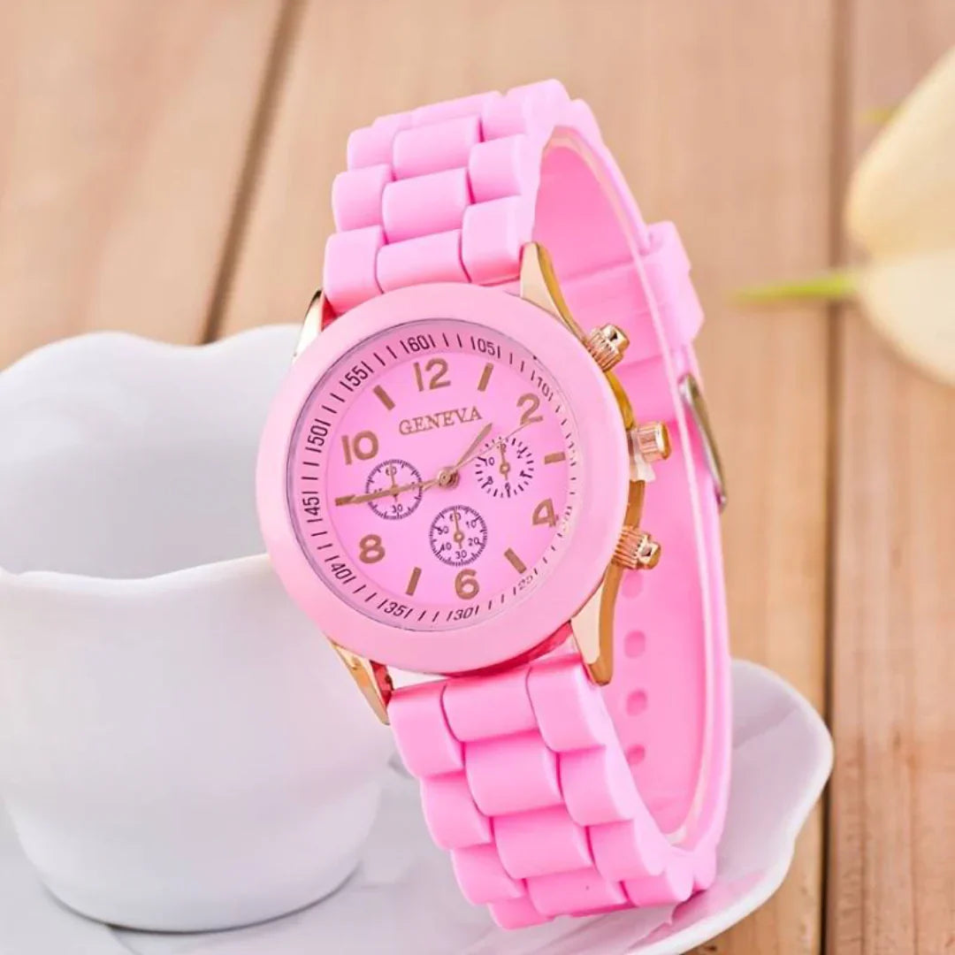 Stylish women's quartz watch featuring a black silicone strap, silver-tone case, ideal for everyday wear.