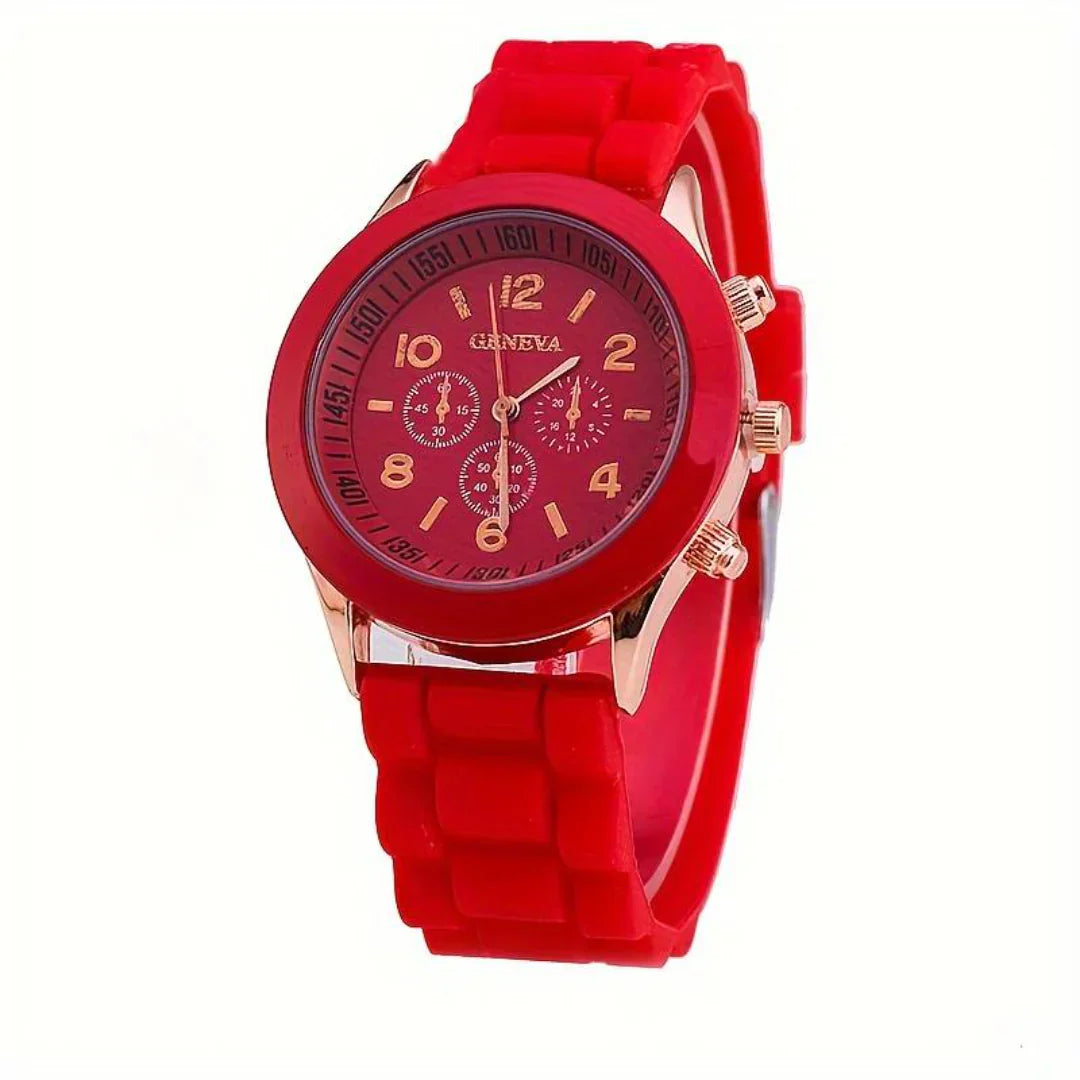 Elegant women's classic silicone watch with a sleek black dial, silver hands, and adjustable band.