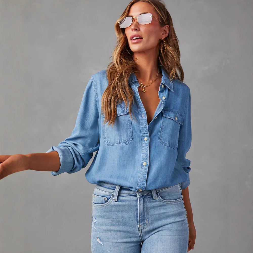Versatile women's long sleeve denim button-down shirt. Ideal for spring & fall casual fashion.
