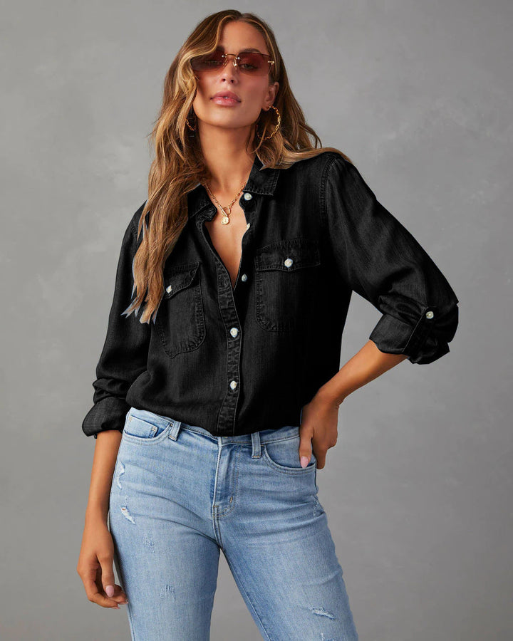 Relaxed fit women's denim button-down shirt. Great for street style & everyday spring outfits.