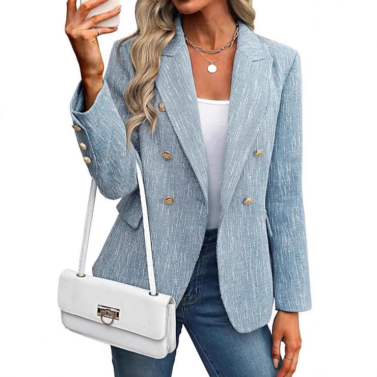 Women's classic double-breasted blazer with gold buttons, perfect for office or chic casual wear.