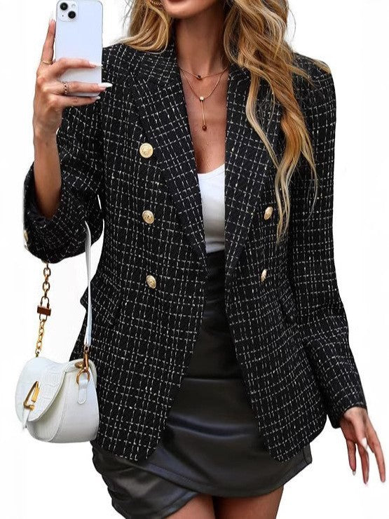 Chic women's double-breasted jacket, featuring stylish gold buttons & a versatile design.