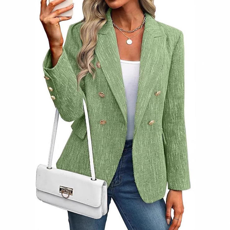 Versatile women's long-sleeve double-breasted blazer, a must-have for elegant office wear.