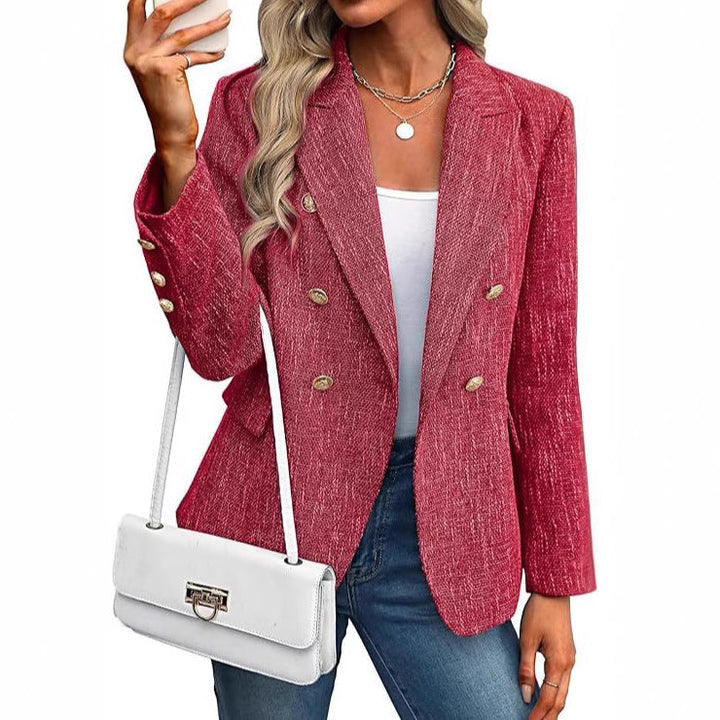 Stylish women's double-breasted button blazer, offering a blend of classic elegance & modern chic.