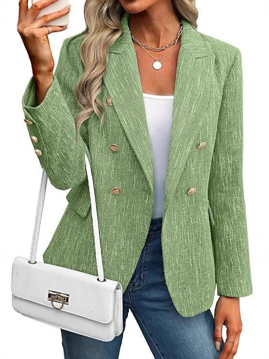 Women's double-breasted blazer jacket, featuring a timeless design and exquisite gold buttons.