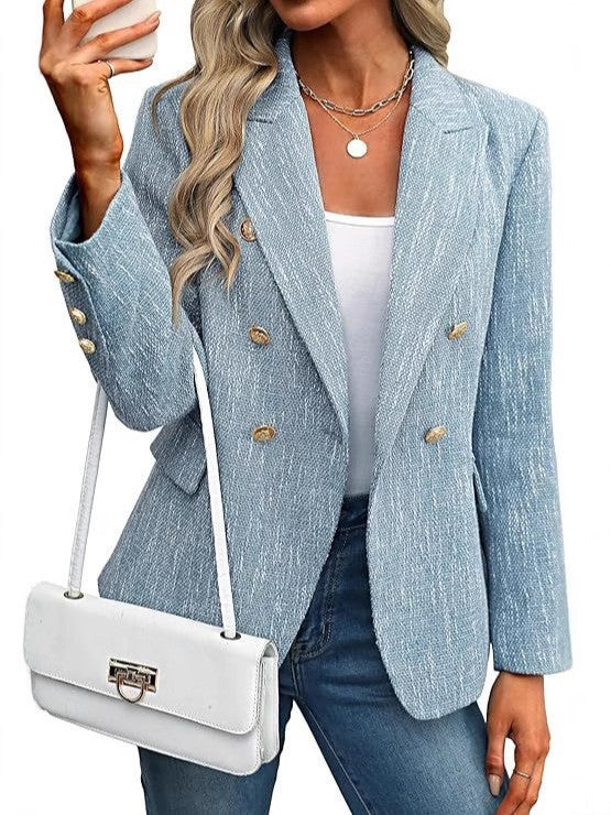 Classic women's double-breasted blazer for office and formal wear, with elegant long sleeves.