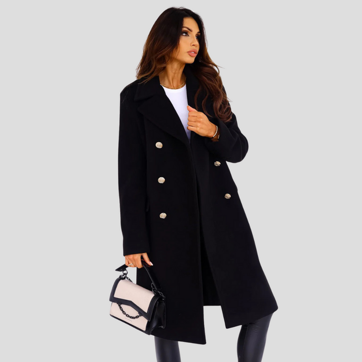 Women's classic double-breasted coat, perfect for elegant fall and winter outerwear.
