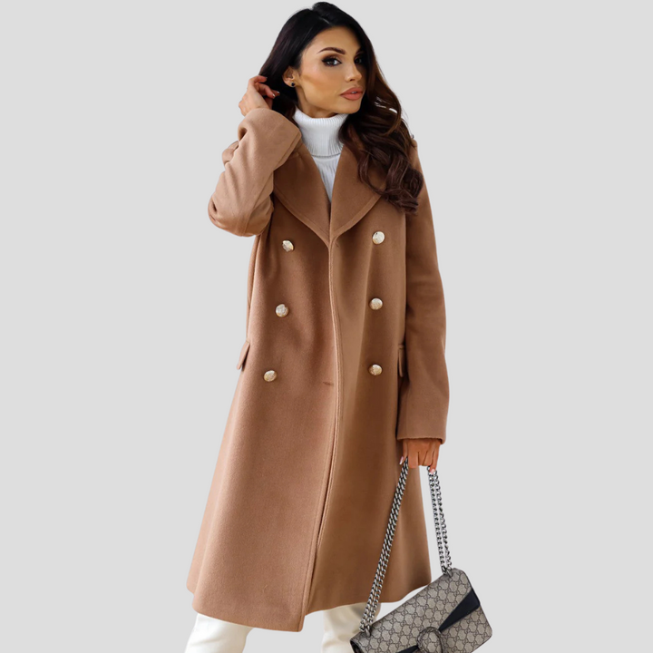 Timeless women's double-breasted classic coat for sophisticated fall and winter fashion.