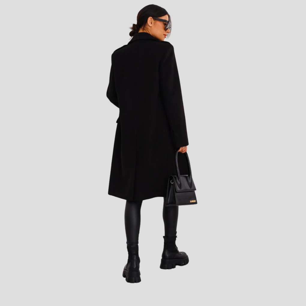 Long women's double-breasted classic coat. Elegant outerwear for fall & winter fashion.