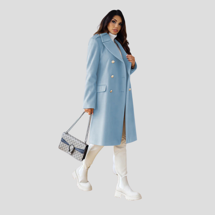 Elegant women's double-breasted trench coat. A classic tailored jacket for fall fashion.