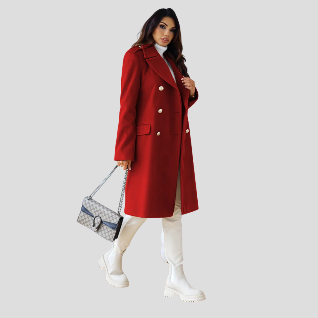 Classic women's double-breasted long coat. Timeless elegant fashion and warm outerwear.