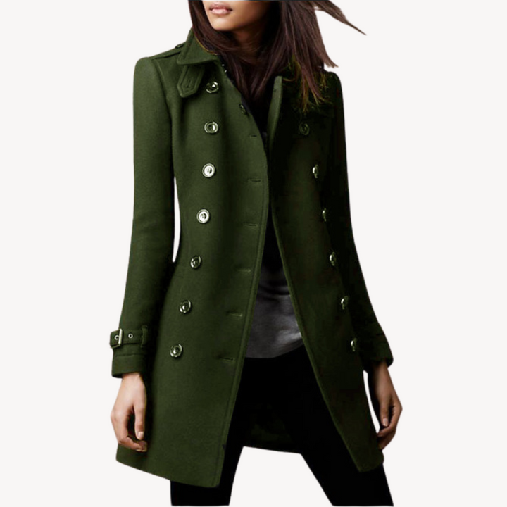 Women's classic double-breasted mid-length peacoat. Elegant and tailored winter outerwear.