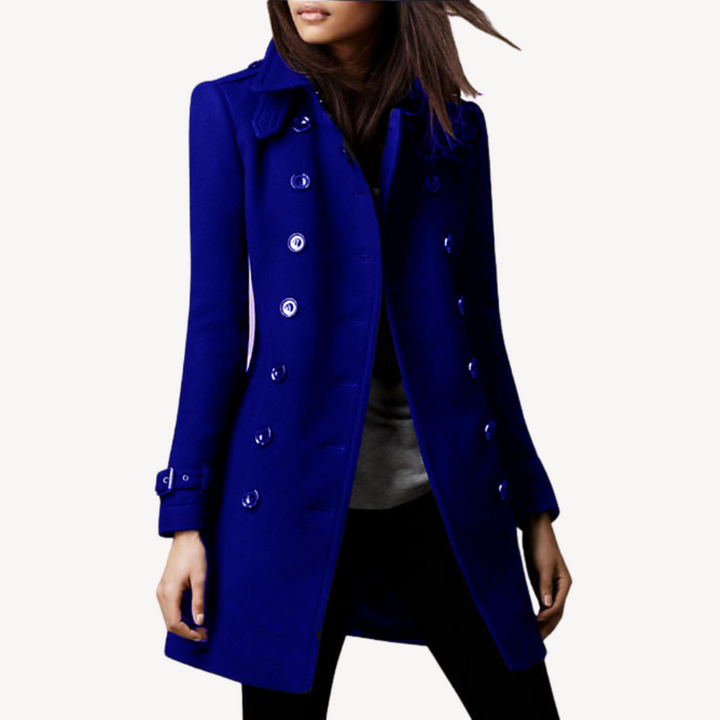 Elegant women's double-breasted peacoat, mid-length. Tailored classic style for fall & winter fashion.