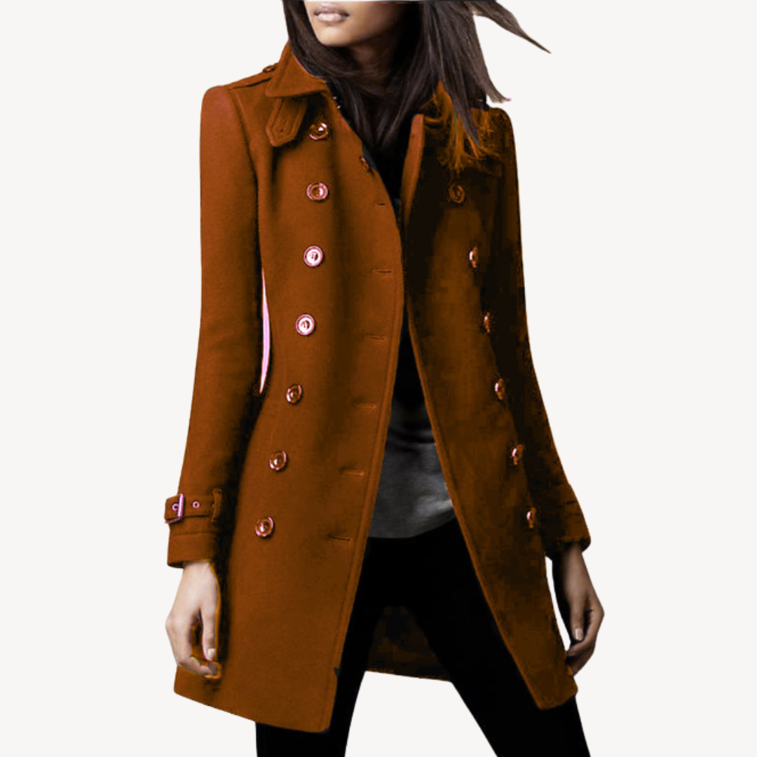 Women's tailored mid-length peacoat, double-breasted. Chic outerwear for crisp fall and cold winter days.