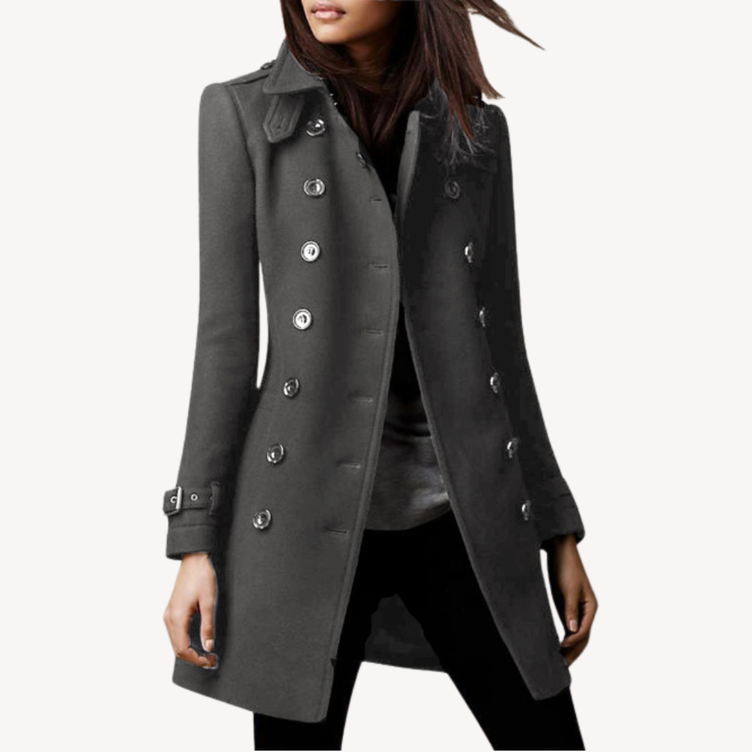 Chic women's mid-length peacoat. Double-breasted design, elegant and perfect as a fall or winter jacket.