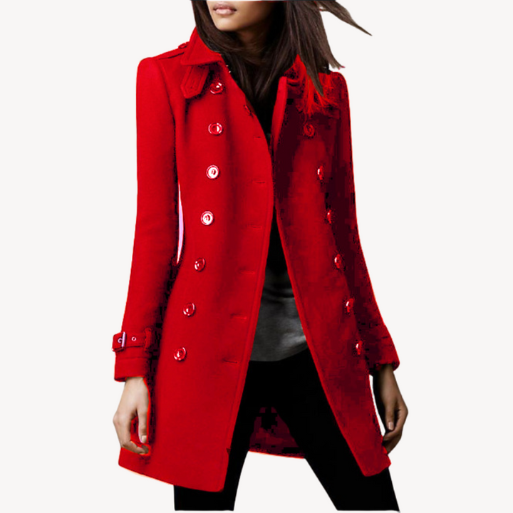 Fashionable women's mid-length peacoat. Double-breasted, elegant, and warm for fall & winter outerwear.