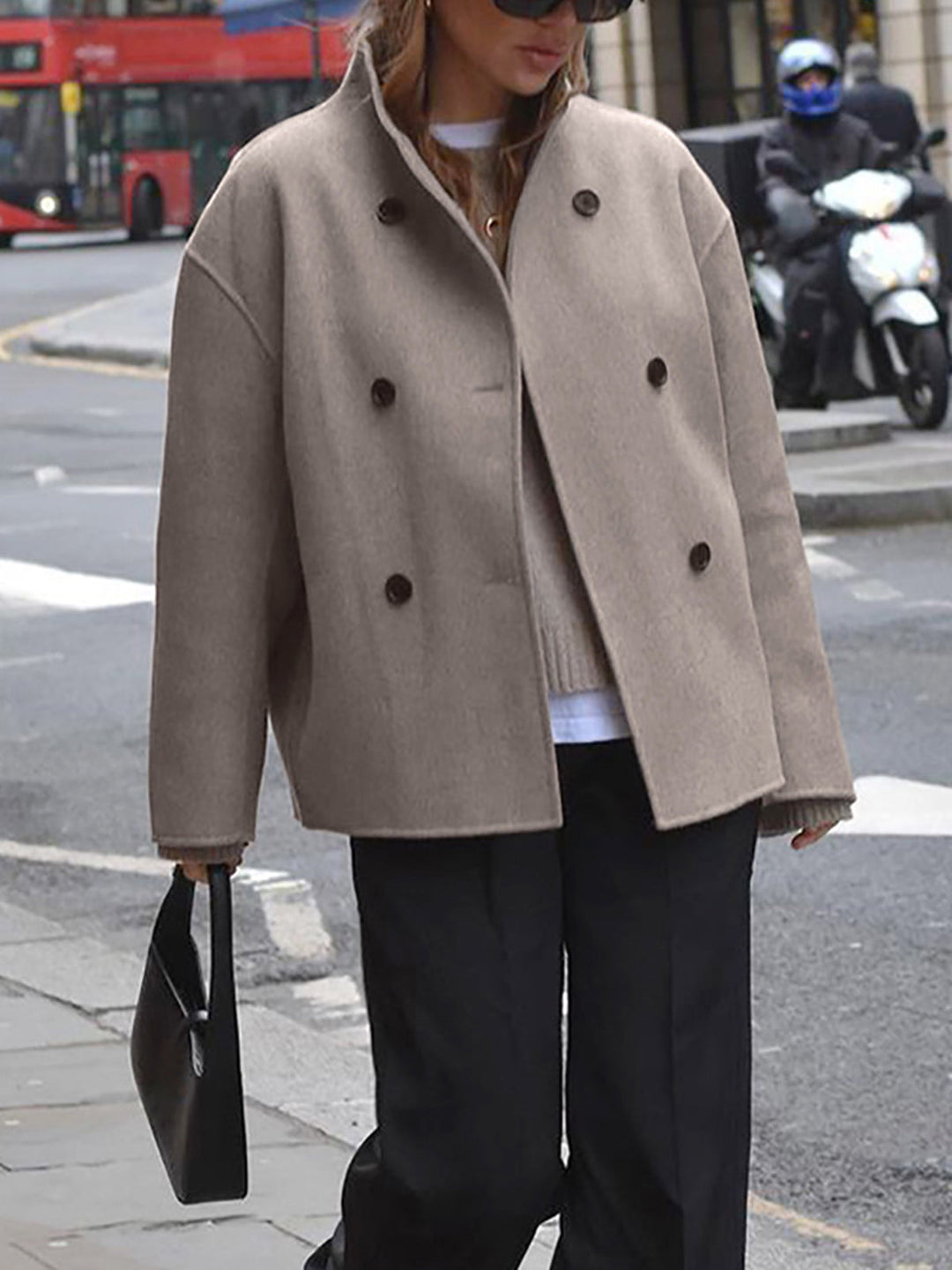 Wool blend women's double breasted pea coat, a stylish & warm winter outerwear choice.