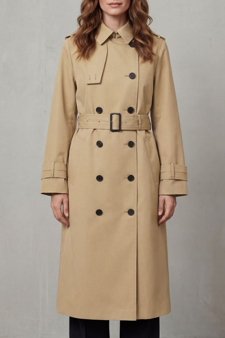 Women's classic double-breasted trench coat in a timeless neutral tone. Elegant outerwear for fall & spring.