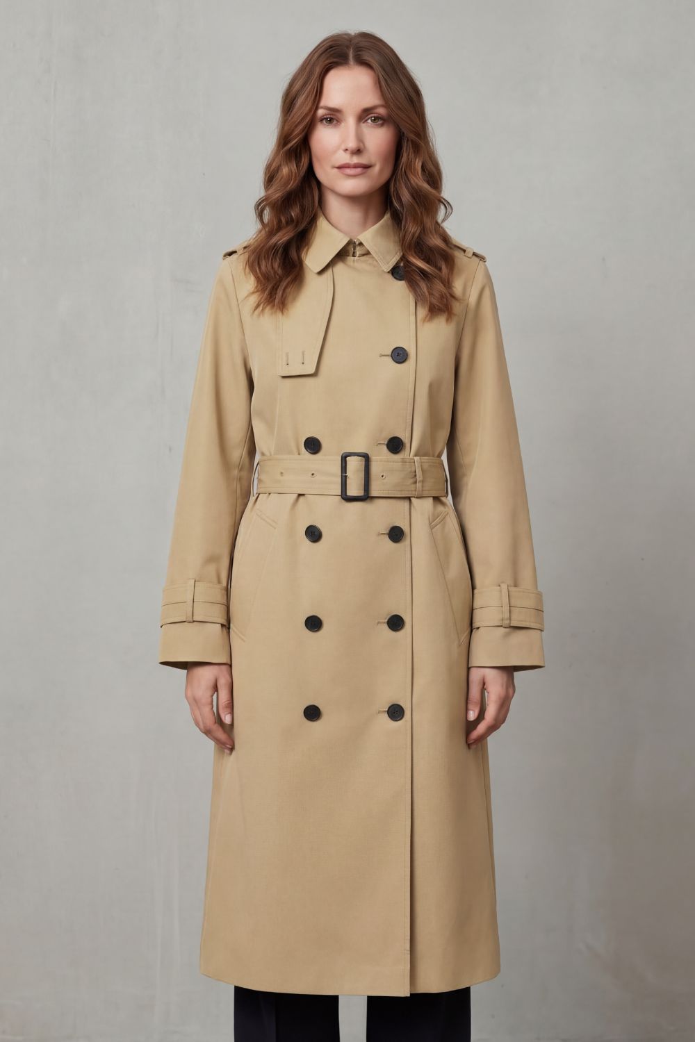 Close-up of classic double-breasted trench coat with stylish buttons & belted waist. Timeless fashion.