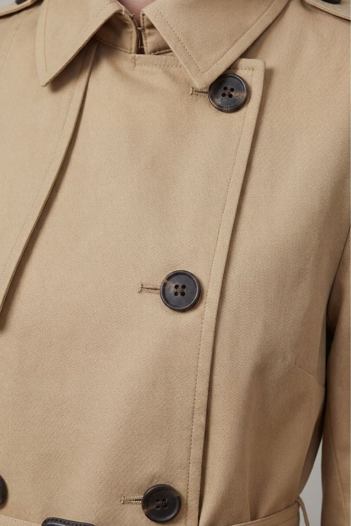 Women's classic beige double-breasted trench coat, a versatile and elegant piece for any wardrobe.