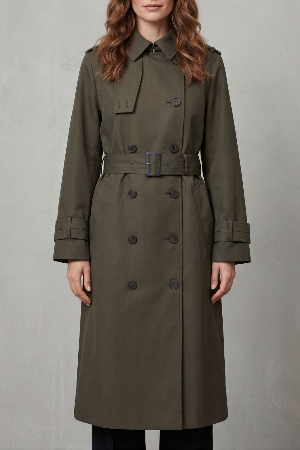 Stylish olive green double-breasted trench coat for women. Perfect fall fashion outerwear.