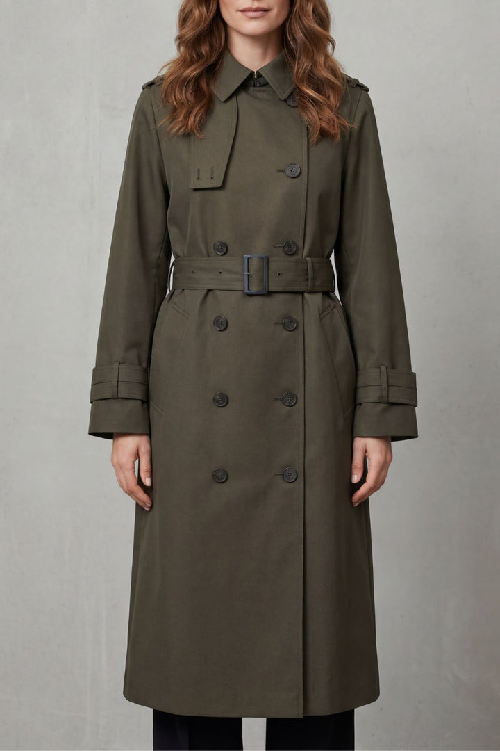 Stylish olive green double-breasted trench coat for women. Perfect fall fashion outerwear.