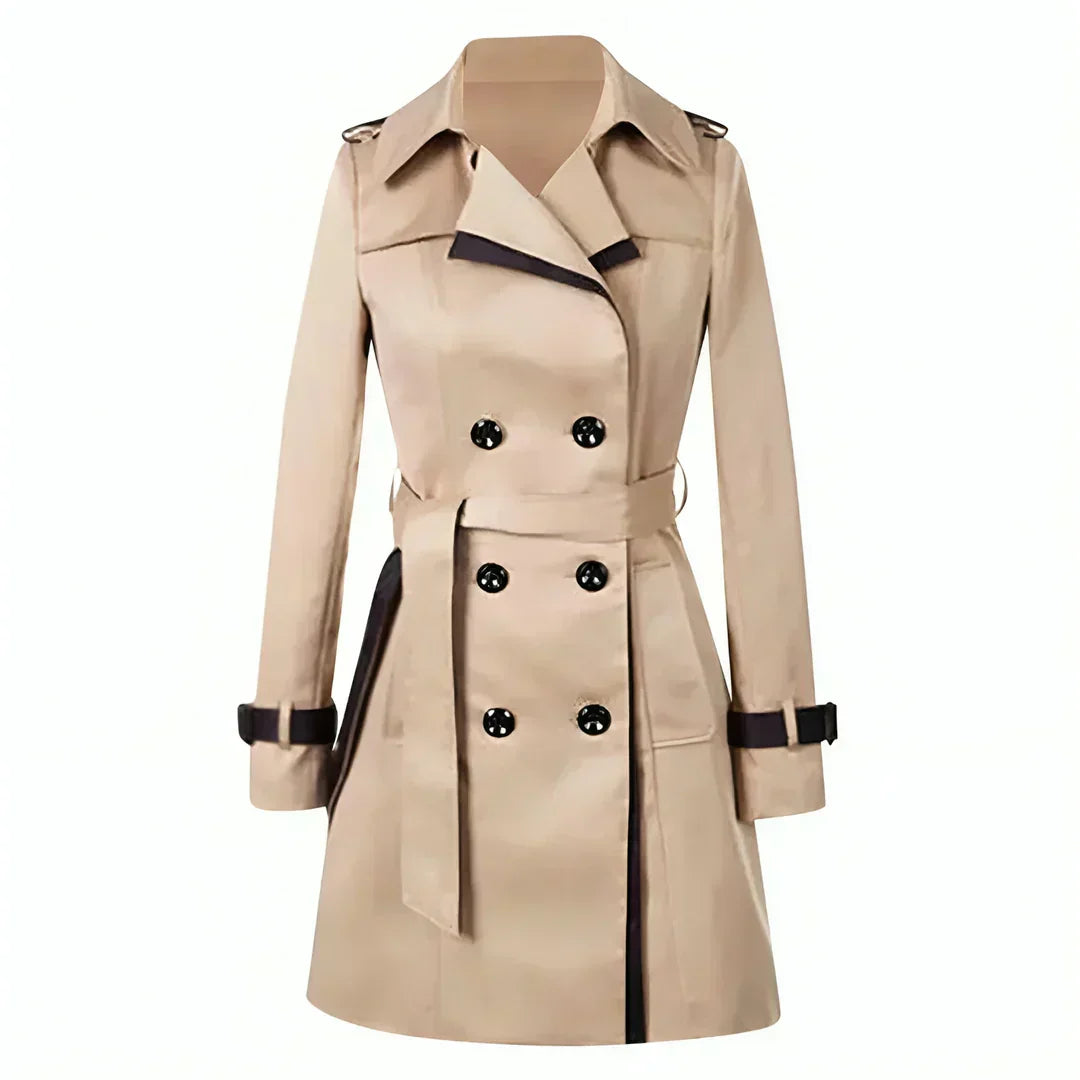 Women's classic double-breasted trench coat with belt, tailored for elegant spring and fall outerwear.