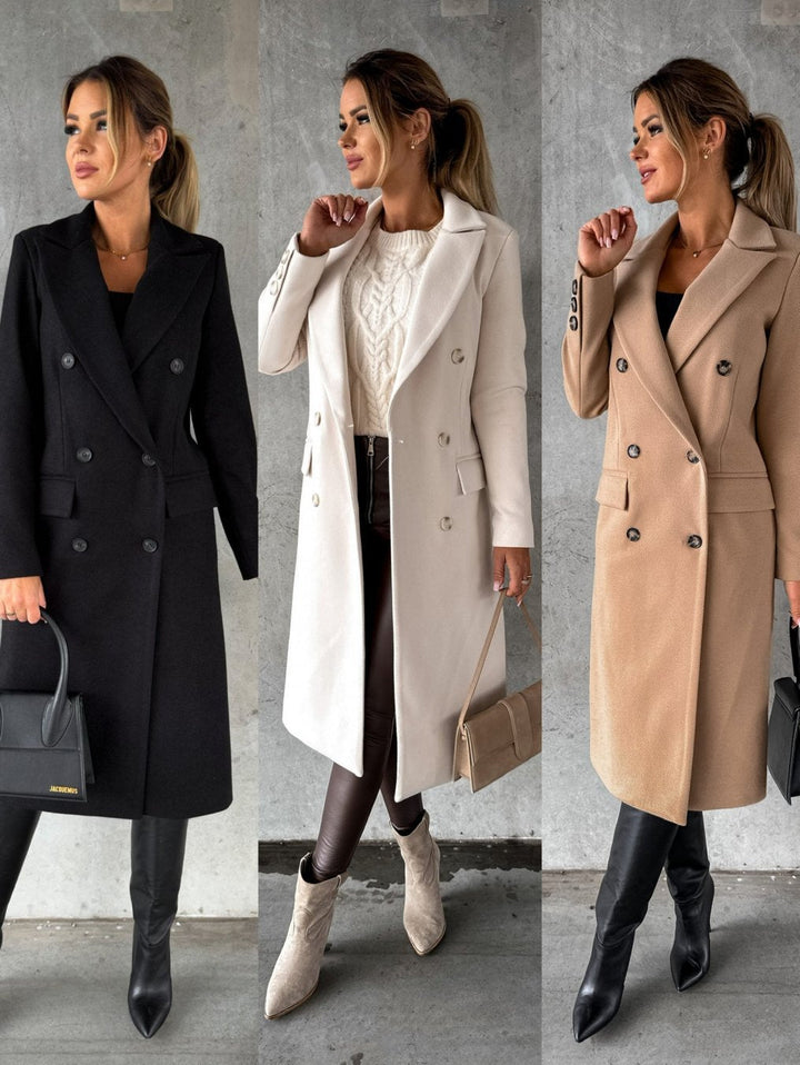 Black women's double-breasted winter coat, versatile classic for elegant daily outerwear & casual chic.
