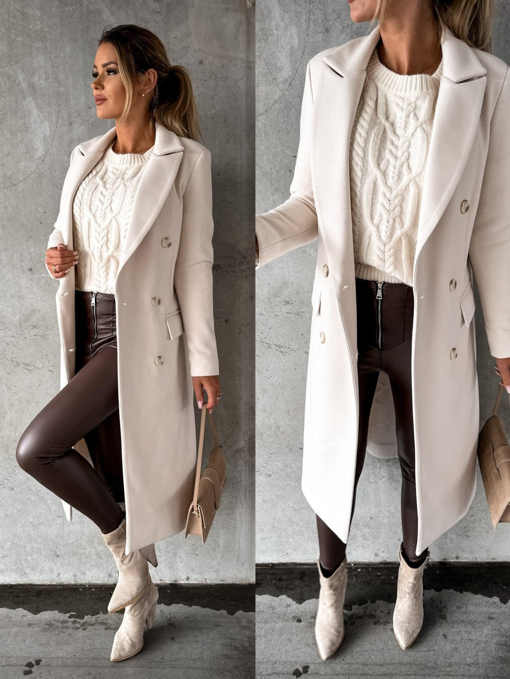 Warm women's classic double-breasted winter jacket, stylish outerwear in an elegant, versatile design.