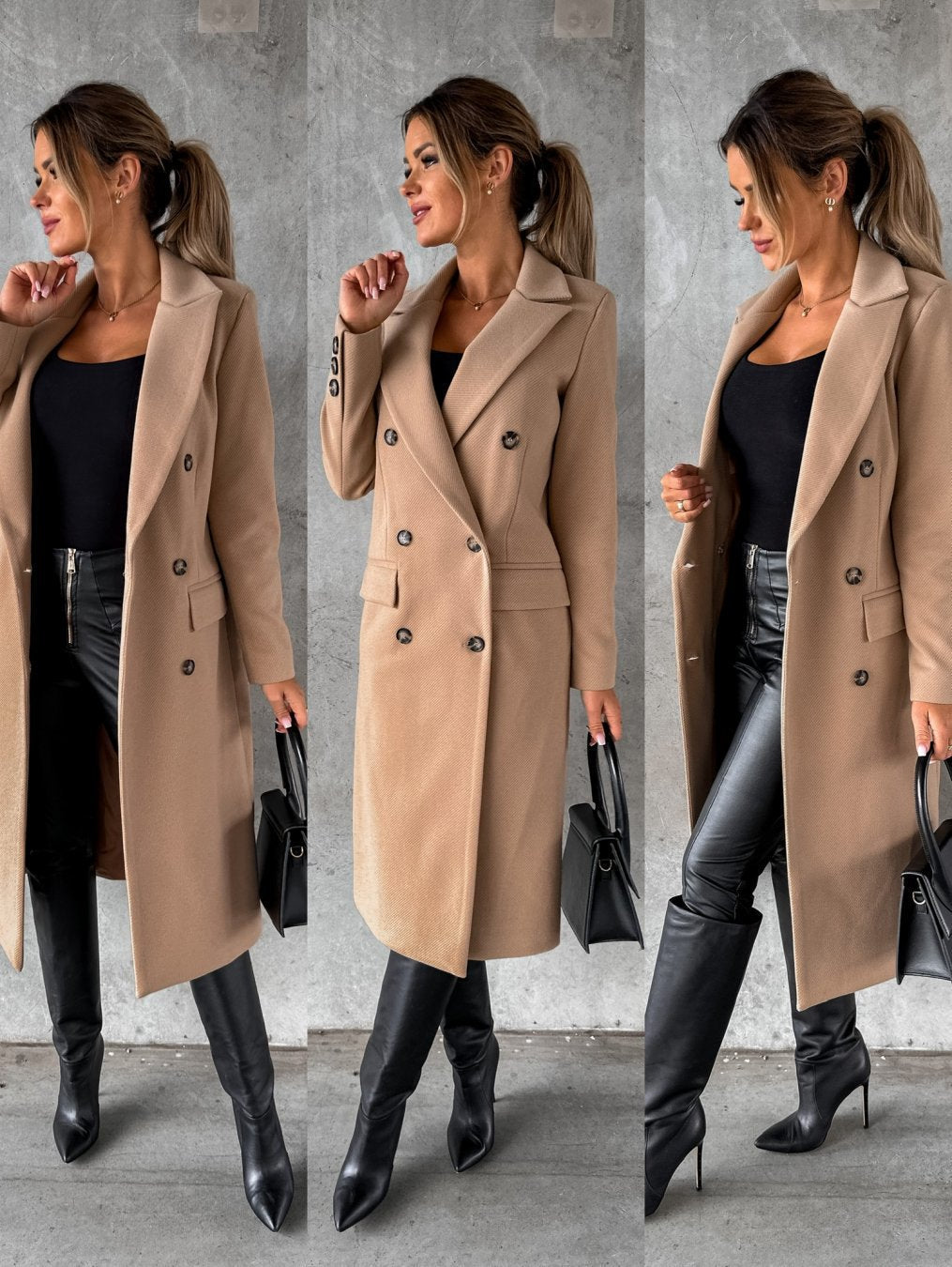 Women's classic double-breasted winter coat, elegant outerwear for versatile, chic daily fashion.