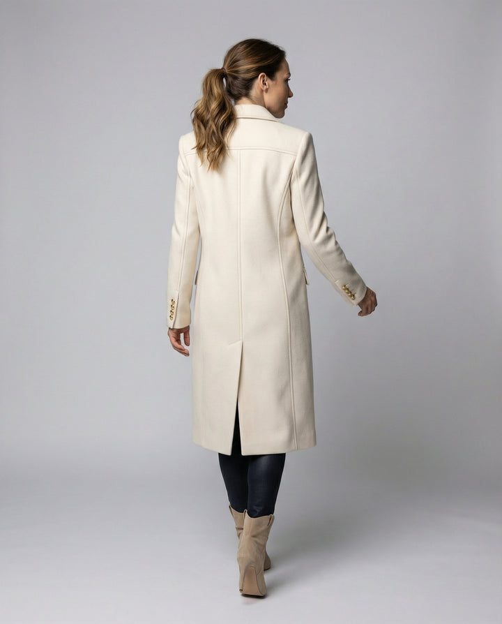 Beige women's classic double-breasted winter coat, versatile outerwear for elegant or casual fashion.
