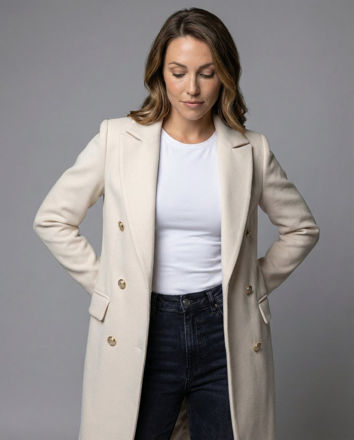 Black women's double-breasted winter jacket, a chic and classic outerwear piece for daily elegance.