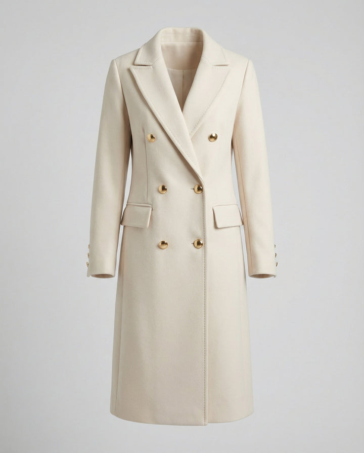 Elegant women's double-breasted winter coat, classic style outerwear offering warmth & chic fashion.