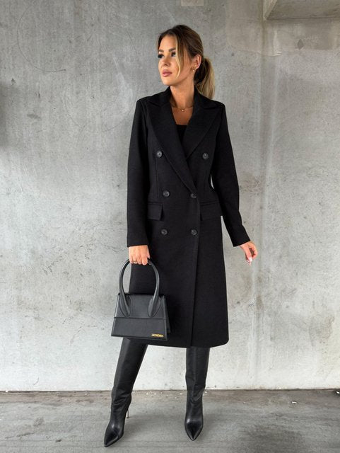 Double-breasted women's classic winter coat, stylish outerwear for a chic, elegant & warm look.